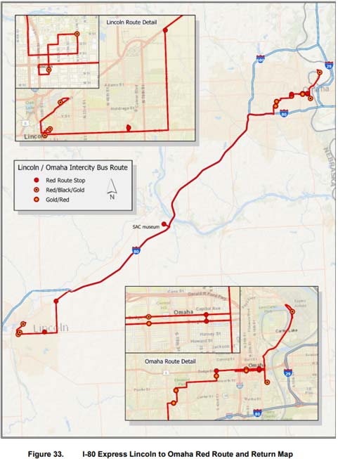 One of the three proposed intercity bus routes between Lincoln and Omaha from the 2020 NDOT study.