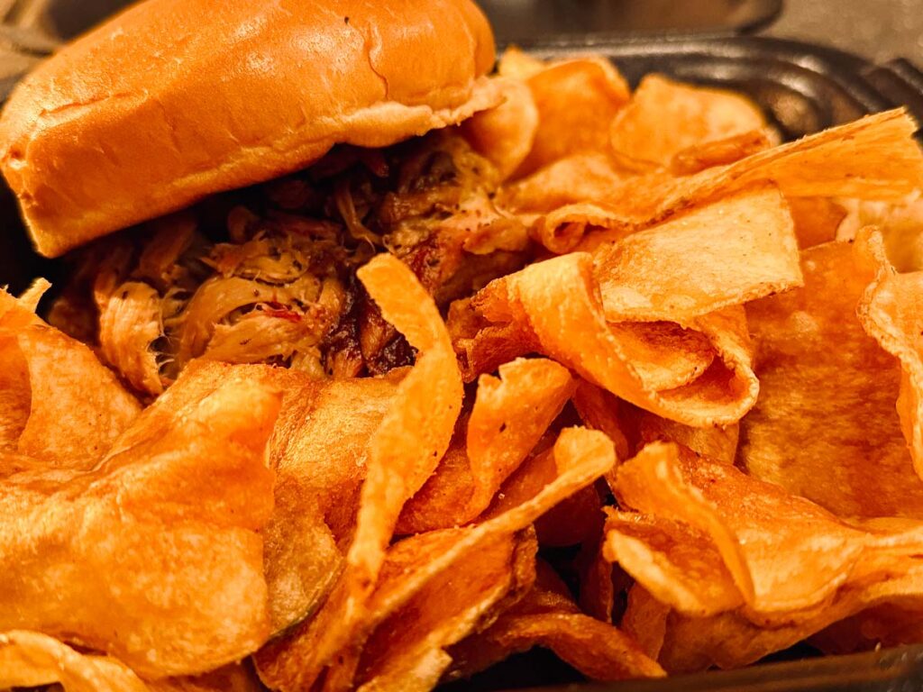 Porky Butts original porky sandwich - pulled pork with kettle chips