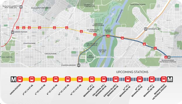 A map of the DC Streetcar H Street/Benning line with the proposed extension to the Benning Road Metro Station