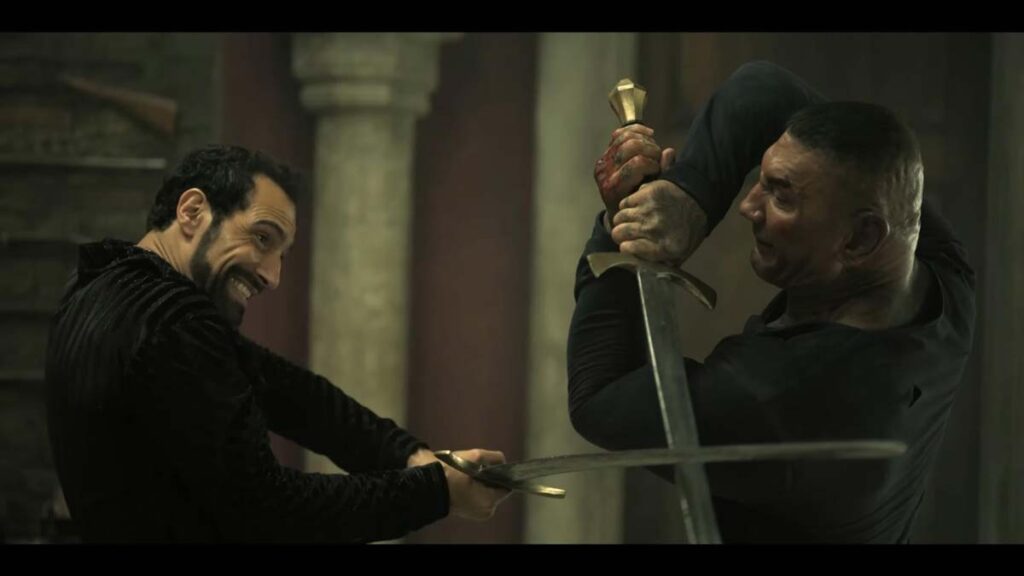 Marko Zaror and Dave Bautista in a sword fight