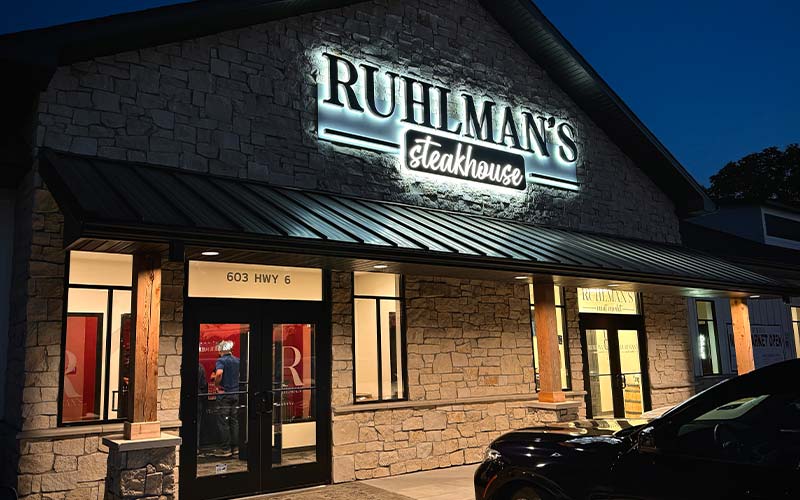 Exterior of Ruhlman's Steakhouse at nighte