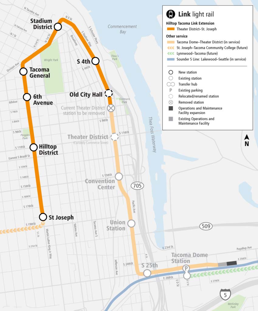 Map of the Sound Transit T Line, or Tacoma Link, showing the Hilltop extension