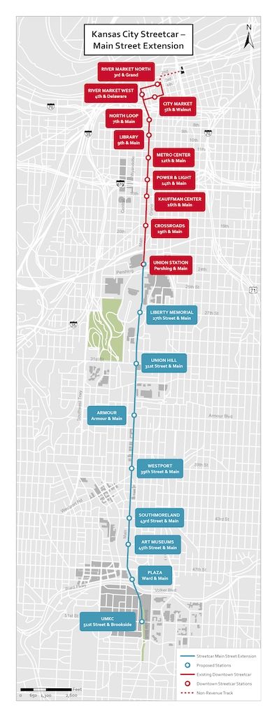 Map of Kansas City Streetcar Main Street Extension