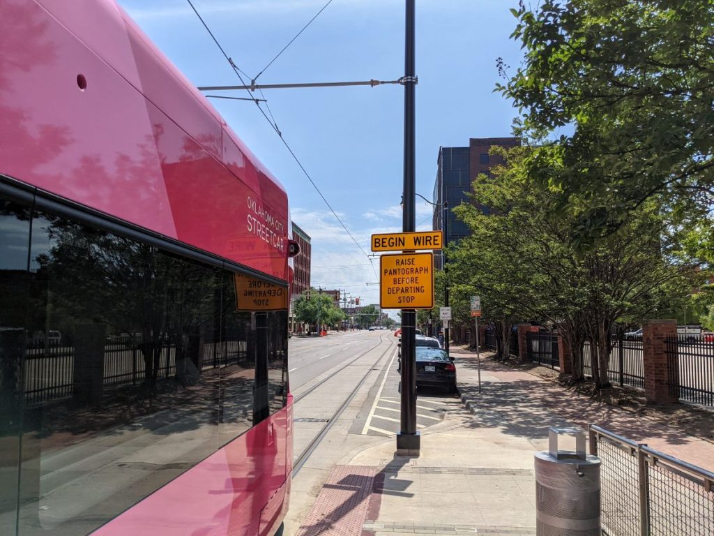 A Stop on the Oklahoma City Streetcar System Where the Wire Begins Again