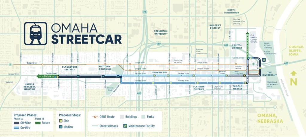 Map of the Initial Omaha Streetcar Line Showing On- and Off-Wire Segments