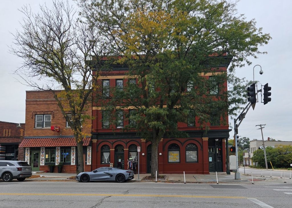 Street view of the Prague Hotel in Little Bohemia