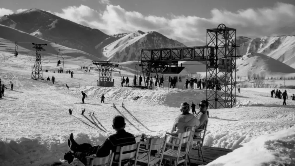 1937 photo of the new chairlift in Sun Valley Resort
