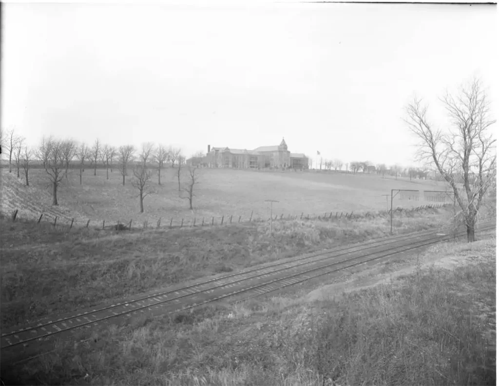 Douglas County Poor Farm east of 42nd and Woolworth Streets. View looks northwest from 38th and Center Streets.