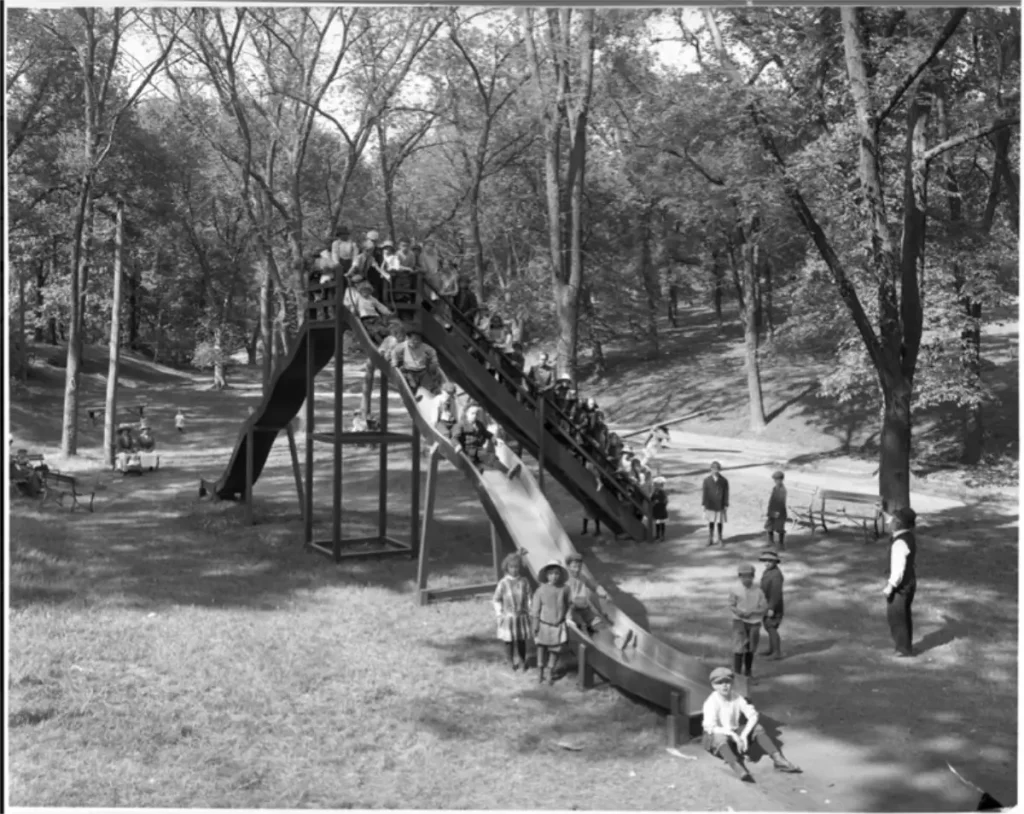 This 1913 photo shows the two hitched slides at Hanscom Park