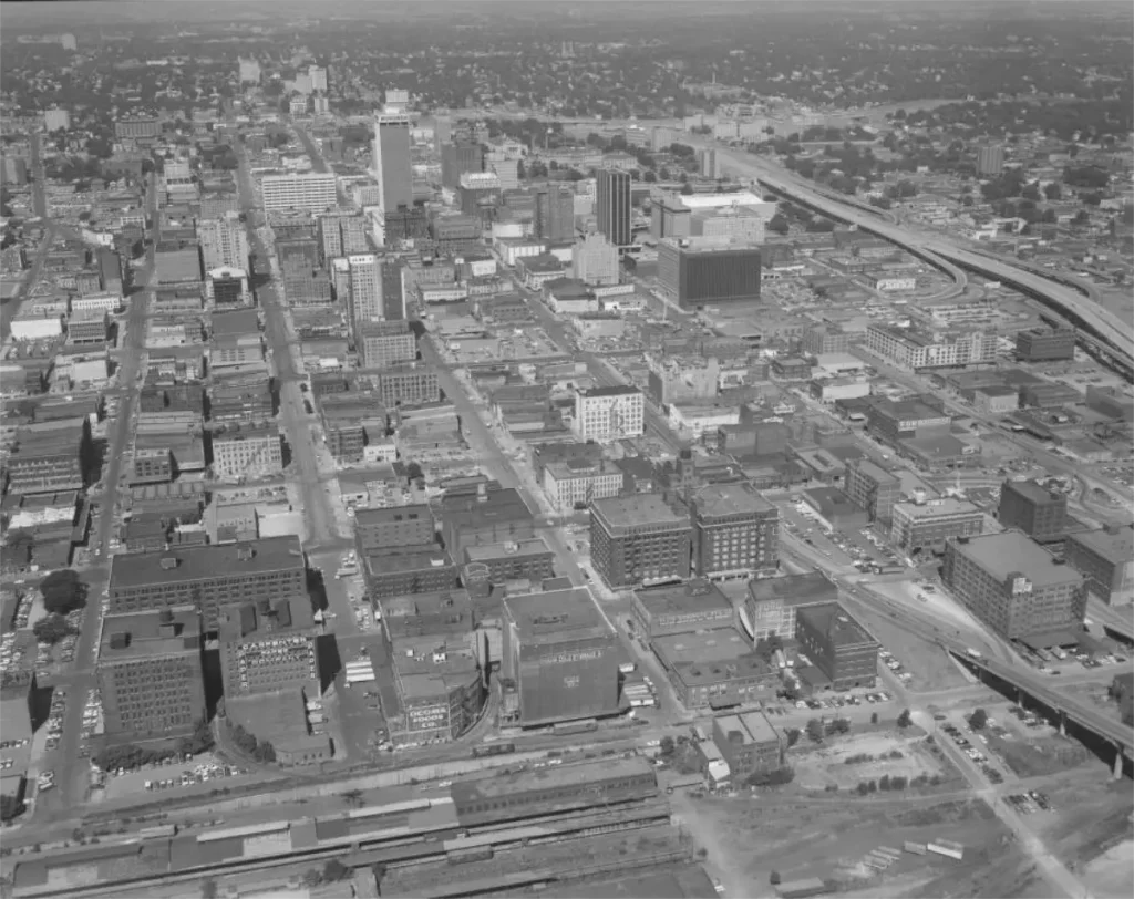 1974 photo of downtown Omaha looking west and north from around 8th Street with Jobbers Canyon at the bottom