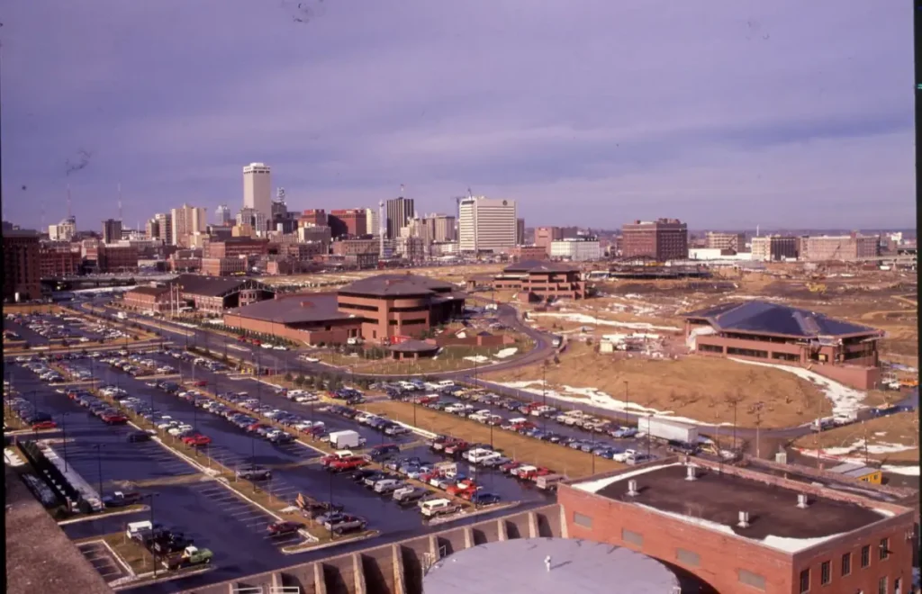 1990 Photo looking NW from about 8th and Leavenworth Street at the construction of the Conagra campus in the old Jobbers Canyon area.