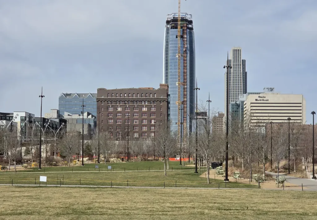 Looking west from Heartland of American Park towards the Greenhouse apartments (McKesson-Robbins Building) with the Mutual of Omaha and First National Bank Towers in the background.