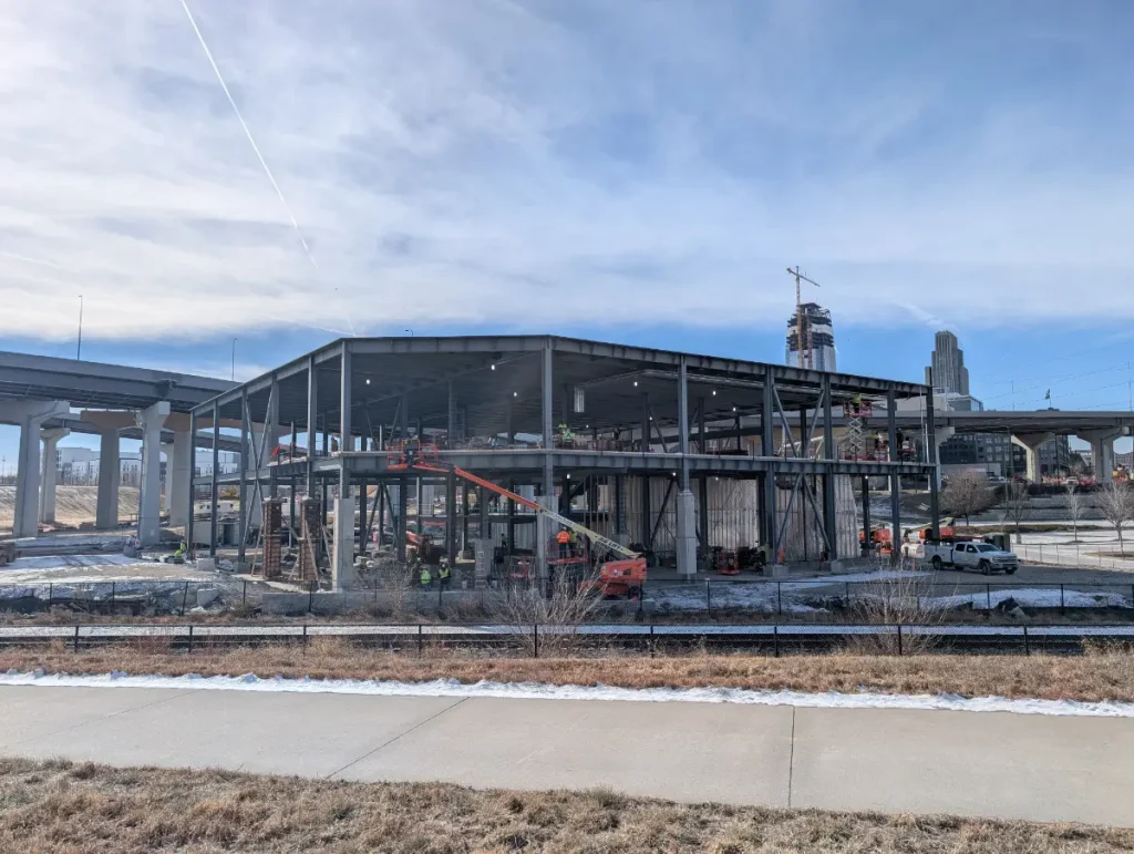 Consideration of other parts of a transit project, such as the vehicles and the storage and maintenance area required to support them, may add time as well. Shown here is Omaha’s streetcar maintenance facility under construction.