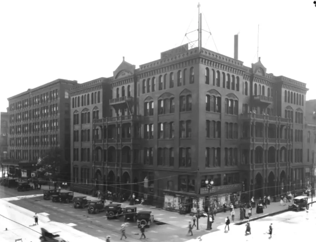 2026 photo of The Paxton condominiums looking north from 14th Street towards the Mutual of Omaha Tower