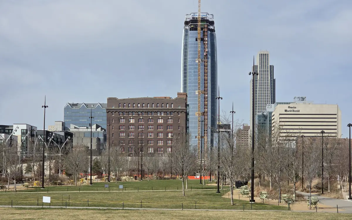 Looking west from Heartland of American Park towards the Greenhouse apartments (McKesson-Robbins Building) with the Mutual of Omaha and First National Bank Towers in the background.