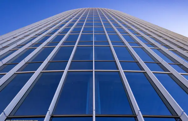 The Mutual of Omaha tower's north exterior looking up from the 16th floor outdoor terrace.