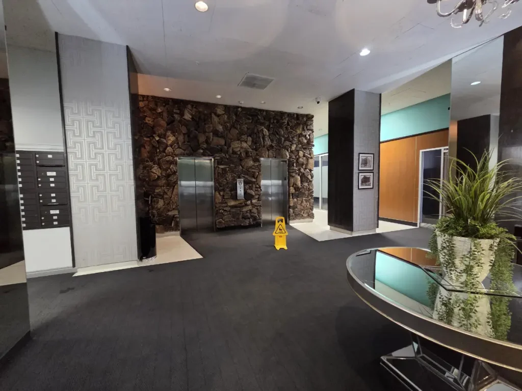 2026 photo of the lobby inside the Twin Towers Condos.