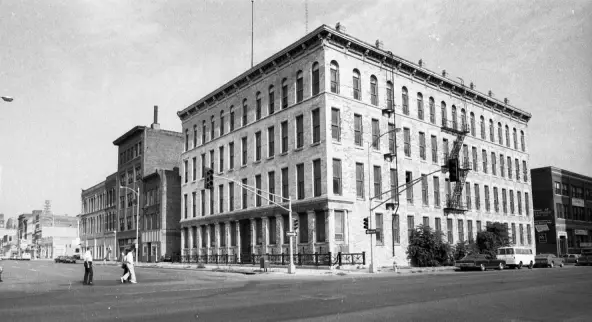1973 photo of the former Burlington Headquarters after the railroad moved out and before it was renovated for use as an office complex.