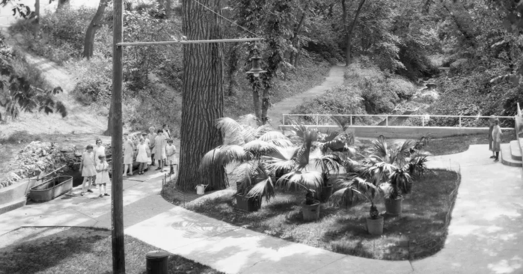 1926 photo of people waiting for water at the spring inside Elmwood Park.