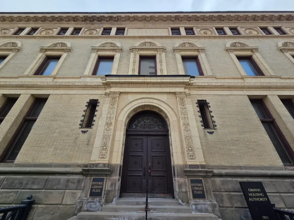 2026 photo closeup of the architectural details surrounding the entrance to the Historic Library Building.