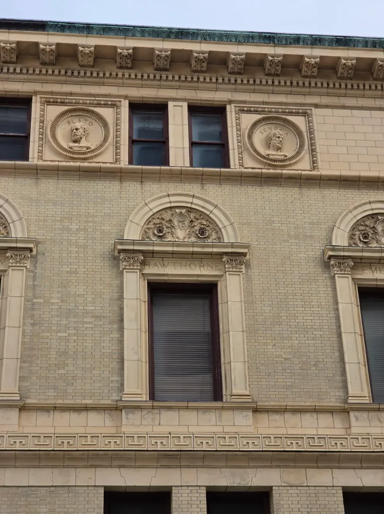 2026 photo closeup of the architectural details along the cornice of the Historic Library Building.