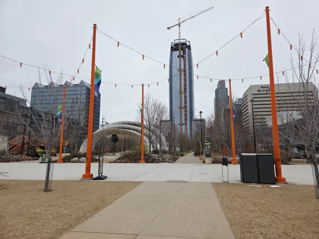Looking west from inside the renovated Gene Leahy Mall at the concert pavilion and the skyline.