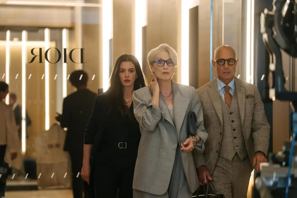 Anne Hathaway as Andy, Meryl Streep as Miranda and Stanley Tucci as Nigel
