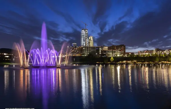 Heartland fountain and skyline at night May 2026. Photo by Brad Williams