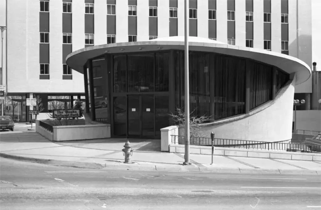 1972 photo of the flying saucer building as the home to Omaha National Bank
