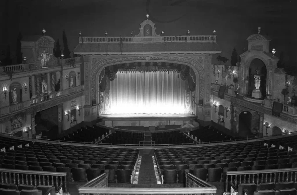 1945 Durham Museum photo of the view of the stage of the Paramount theater from the upper balcony