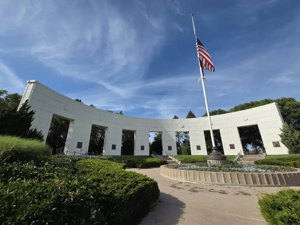 2026 photo of the World War II Colonnade at Memorial Park.