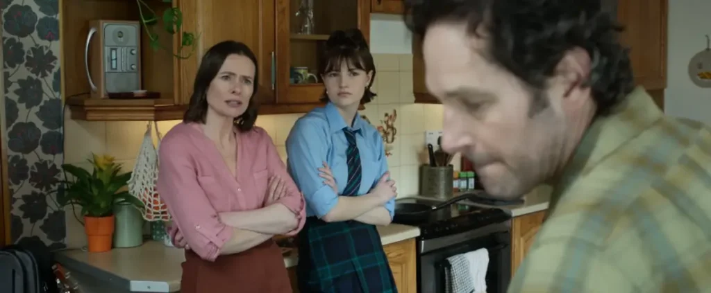 Marcella Plunkett as Rachel, Beth Fallon as Aja and Paul Rudd as Rick Power