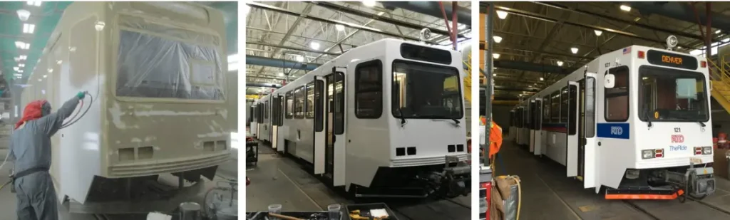 Repainting and rebuilding of an old light rail vehicle in denver